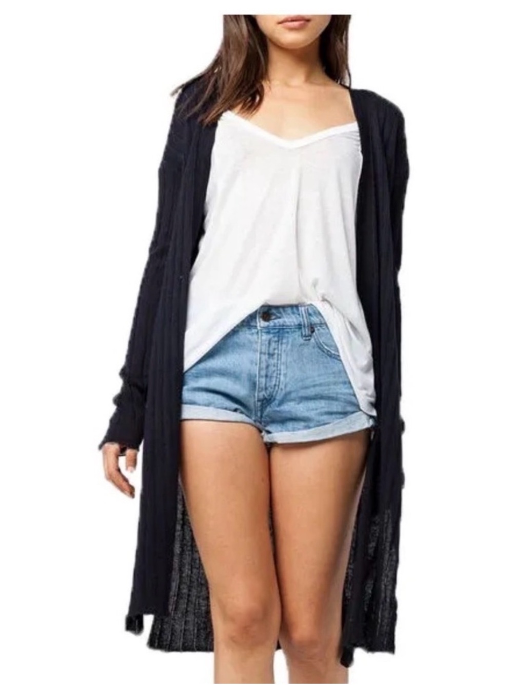 Free People Ribbed Open Front Duster Cardigan Black SLinen Blend Whimsigoth boho